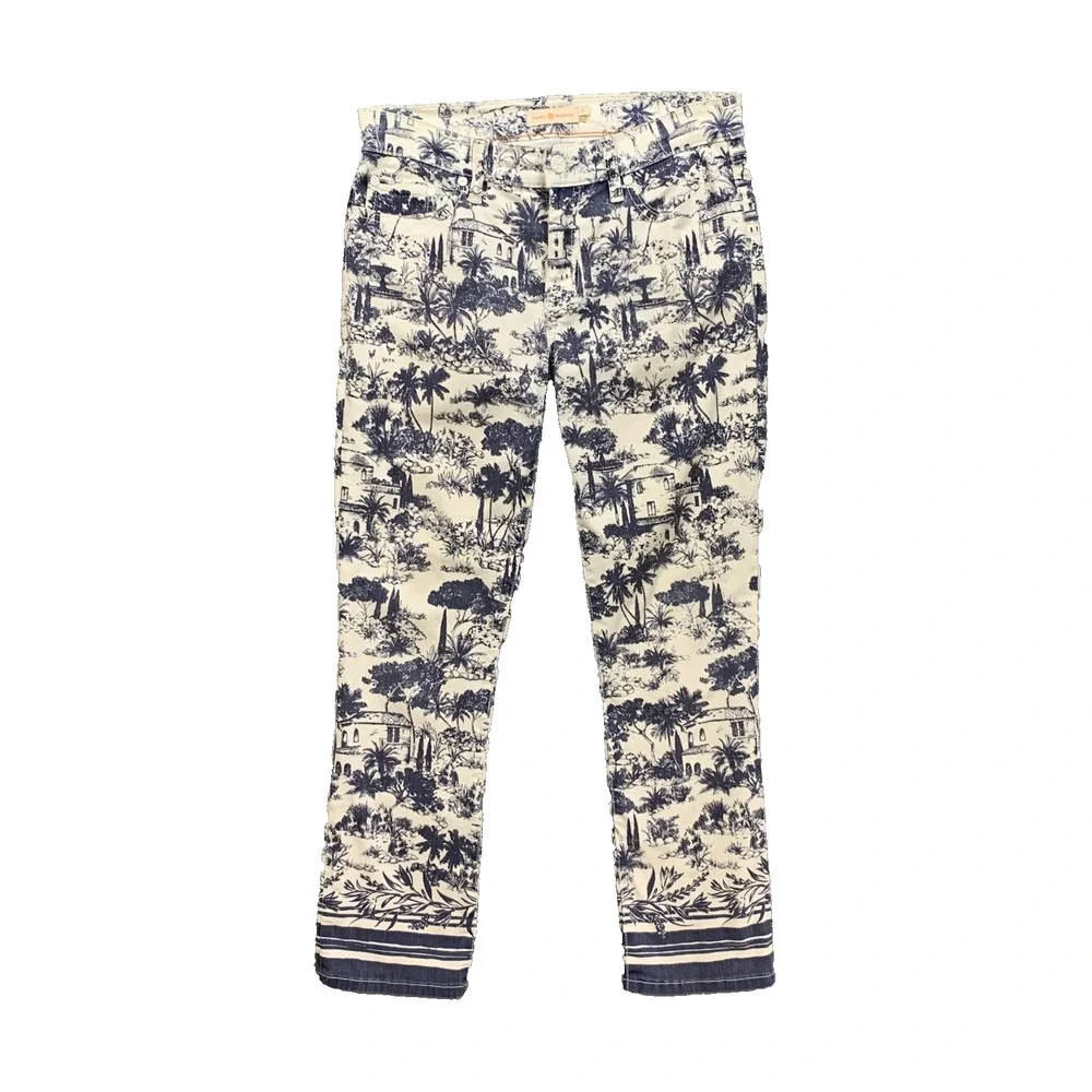 Tory Burch Jeans Womens 27 White Navy Tropical Toile Print Straight Leg Mid Rise